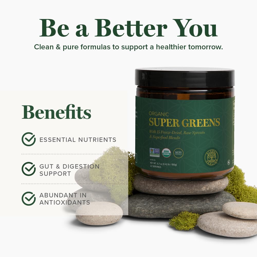 Global Healing Organic Super Greens Powder Blend - Greens Superfood Powder with 15 Raw Whole Sprouts - Delicious Green Juice Smoothie Mix for Daily Nutrition - Non-GMO, Gluten-Free Greens Supplements Global Healing Center Au supplements
