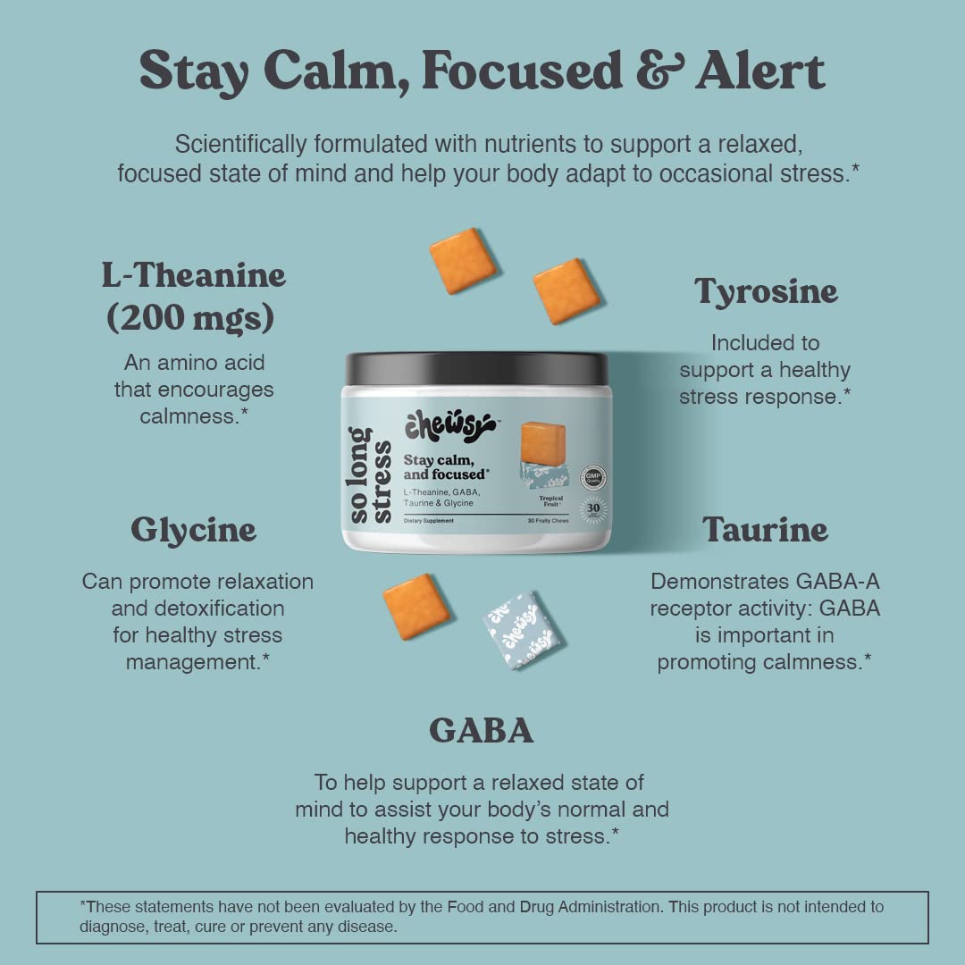 Chewsy So Long Stress, Calm Fruity Chews, Stay Calm & Focused. w/L-theanine, Amino Acid, GABA, Glycine, Tyrosine, Taurine & Magnesium. Non-GMO and Gluten-Free. Tropical Fruity Chews, 30-Day Supply CHEWSY Au supplements