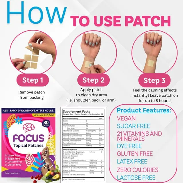Swift Patch Focus Patch for Adults (30 Day Supply) + Proprietary Blend (Men and Women) - Help Kids and Adults Focus with Patches 22 Ingredients with Proprietary Formula Ultimate Swift Patch Au supplements