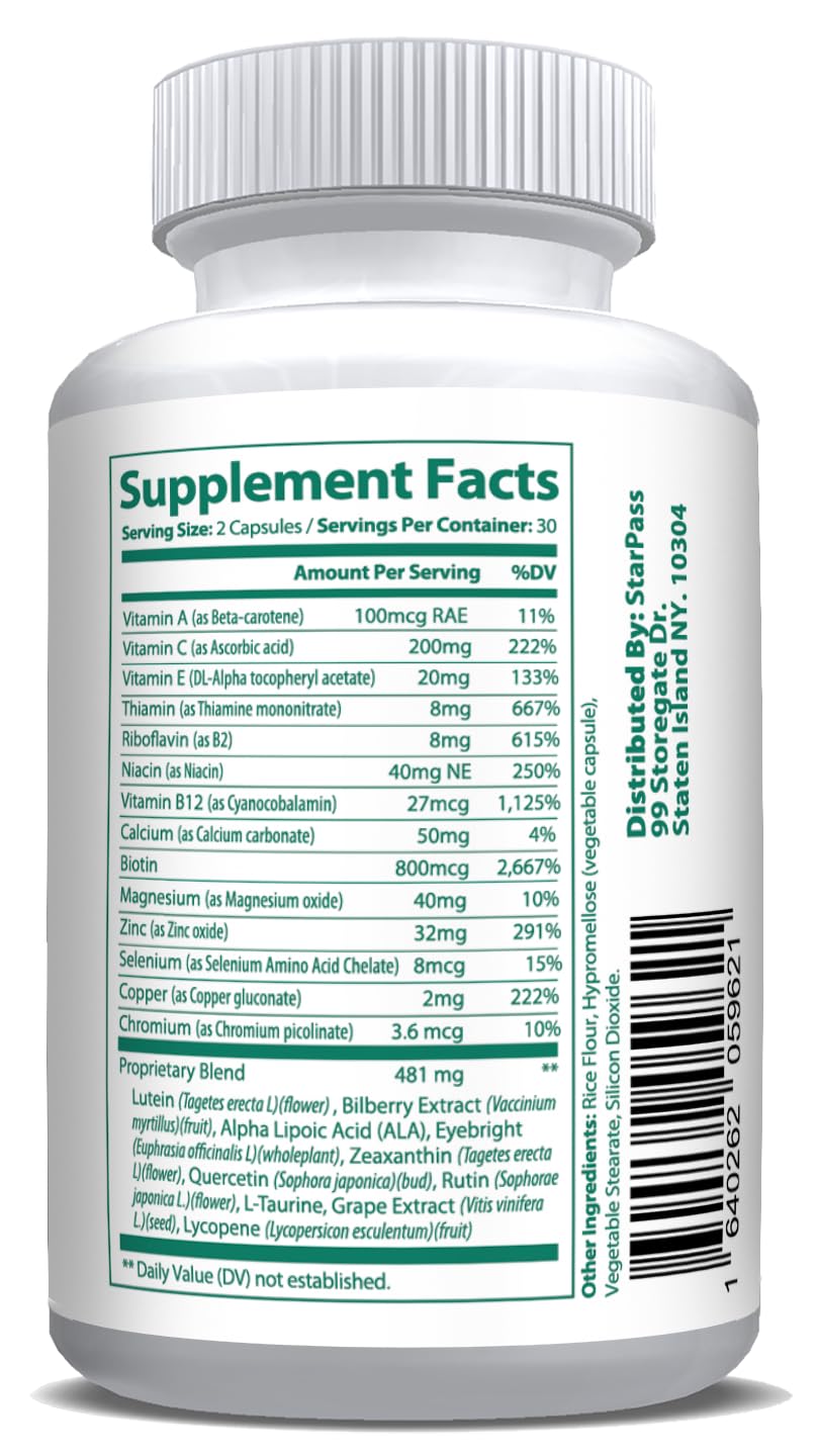 Pure Eye Health Vitamin & Mineral Supplements for Adults | #1 Complete Research Vision Formula w/Bilberry, Lutein, Zeaxanthin, Lycopene, Resveratrol | Supports Eye Strain, Dry Eyes 60 Capsules StarPass Labs Au supplements