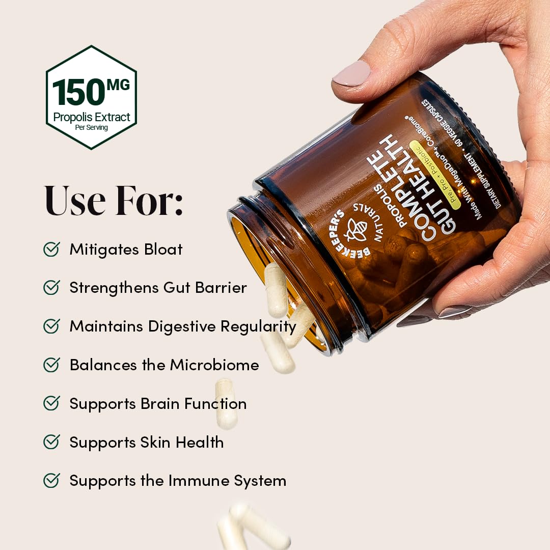 Complete Gut Health by Beekeeper's Naturals, 3-in-1 Prebiotic, Postbiotic, Probiotics for Digestive Health & Bloating Relief for Women & Men, Propolis Powered, Gluten-Free Vegan Capsules, 60ct Beekeeper's Naturals Au supplements