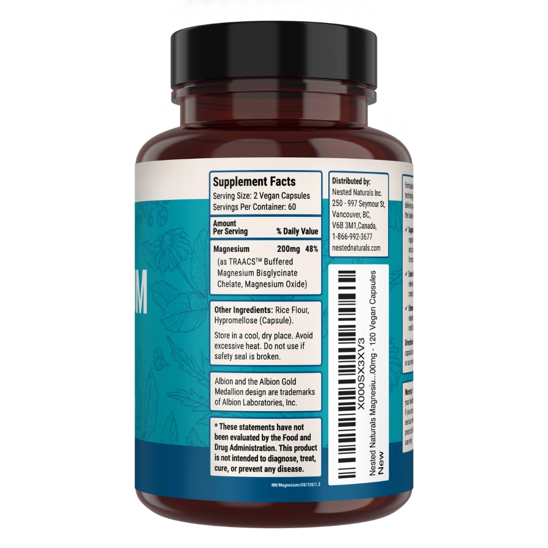 Nested Naturals Magnesium Glycinate Chelate - 200mg Chelated Magnesium Supplement for Muscle Cramps, Relaxation, & Sleep Support - 100% Albion TRACCS Buffered Magnesium Glycinate - 120 Vegan Capsules Nested Naturals Au supplements