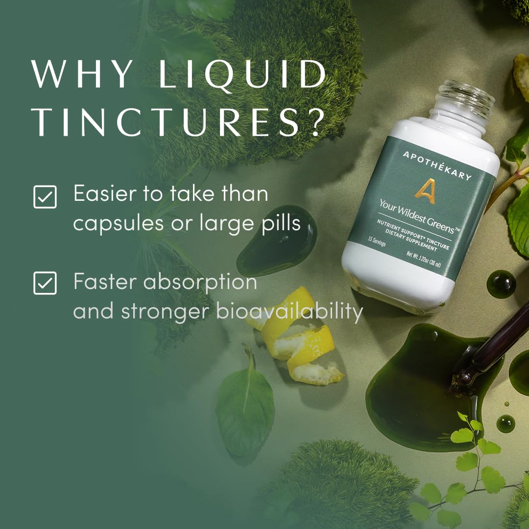 Apothékary Your Wildest Greens Herbal Liquid Drops, All-in-One Daily Superfood Supplement, Vitamin & Mineral Support, 5X Potency of Greens Powders, Sugar Free, Calorie Free, (15 Servings) 1.22oz Apothékary Au supplements