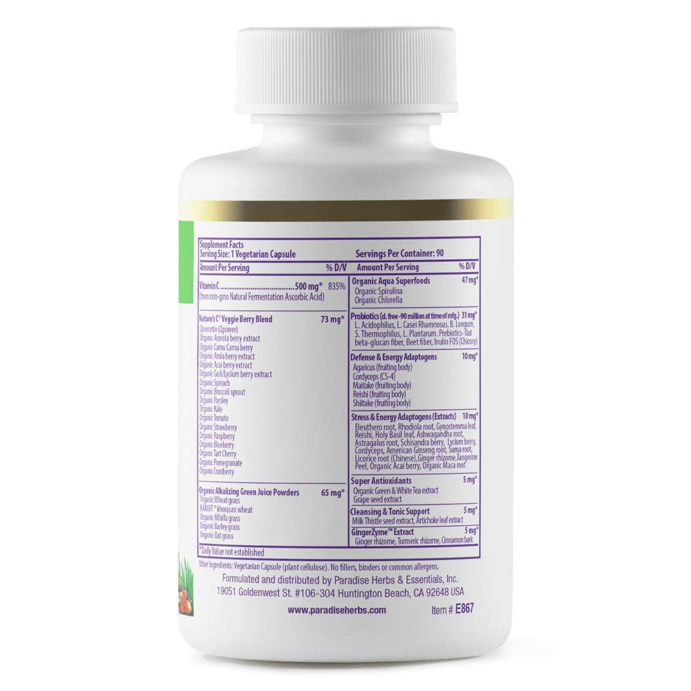 Paradise Herbs Earth's Blend Vitamin C with Nature's C and Adaptogens, Superfoods Base of Probiotics & Organic Alkalizing Greens, 90 Vegetarian Capsules Paradise Herbs Au supplements