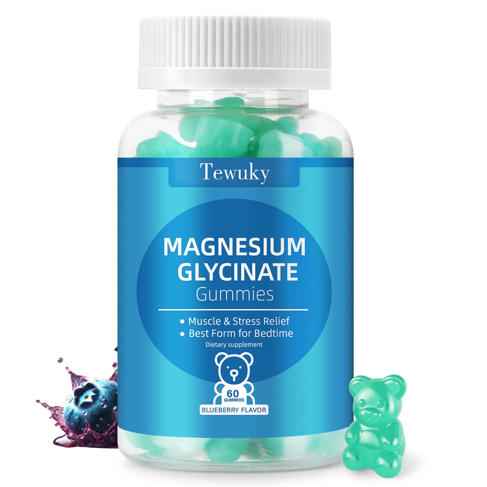 Magnesium Glycinate Gummies 500mg, Sugar-Free for Adults & Kids, Magnesium Gummies for Sleep, Stress & Muscle Relief, Supports Bone & Nerve Health, Vegan, Pectin-Based, 60 Count, Blueberry Flavor Tewuky Au supplements