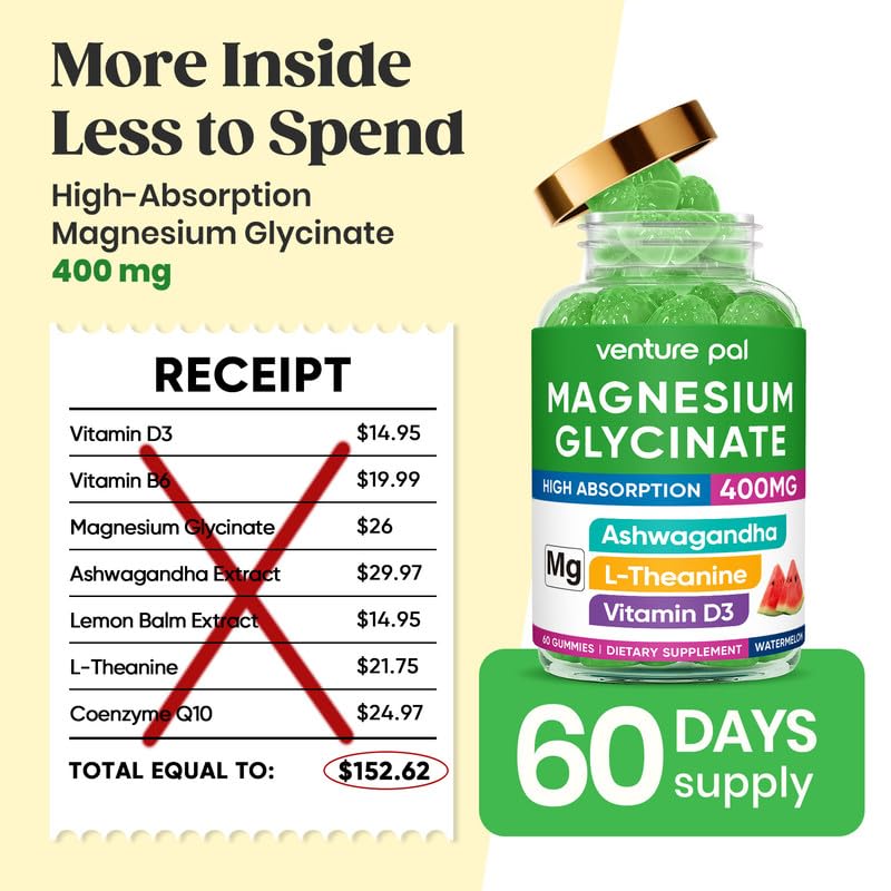 60 Day Supply Magnesium Glycinate 400mg Gummies with Ashwagandha, L-Theanine, CoQ10, Vitamin D3 & B6, Sugar Free Magnesium Gummies for Adults & Kids, Stress Relief, Sleep & Calm, Vegan, Gluten Free Venture Pal Au supplements