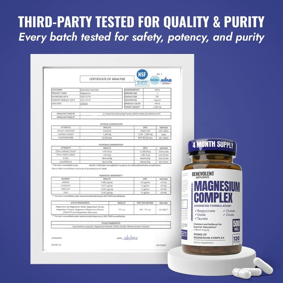 Magnesium Complex Supplement, 4 Month Supply of 500mg 5-in-1 Bisglycinate, Oxide, Taurate, Aspartate, Citrate, Max Absorption Magnesium Supplement for Calm, Sleep & Leg Cramps, 120 Capsule Benevolent Nourishment Au supplements