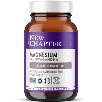 New Chapter Magnesium + Ashwagandha Supplement, 325 mg with Magnesium Glycinate for Muscle Relaxation & Recovery, Heart, Nerve & Bone Health, 2.5X Absorption, Non-GMO - 30 ct (1 Month Supply) New Chapter Au supplements