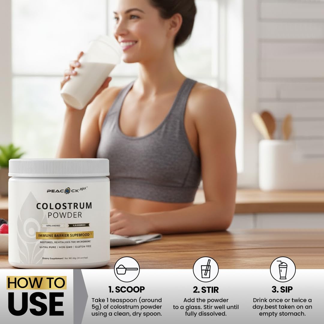 Peacock Max Colostrum Powder – 60g (30 Servings), Unflavored Bovine Colostrum Supplement, Superfood for Hair, Skin & Gut Health, Gluten-Free, Non-GMO Peacock Max Au supplements
