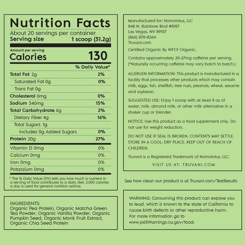 Truvani Organic Vegan Protein Powder Matcha - 20g of Plant Based, Organic Protein Truvani Au supplements