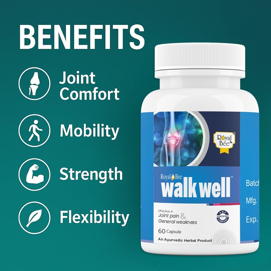 Royal Bee Walkwell Capsules – 60 Capsules – Supports Joint Pain & Inflammation Relief · Useful in Osteoarthritis · Promotes Flexibility & Mobility · Clinically Studied Herbal Ingredients Generic Au supplements