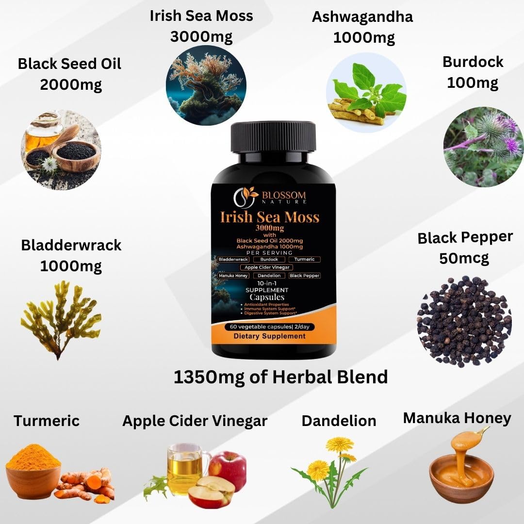 10-in-1 Irish Sea Moss Veggie Caps 3000mg Black Seed Oil Ashwagandha Bladderwrack Burdock Turmeric Apple Cider Vinegar Manuka Honey Dandelion Black Pepper - Made in US(Veggie Caps, Unflavored) Blossom Nature Au supplements