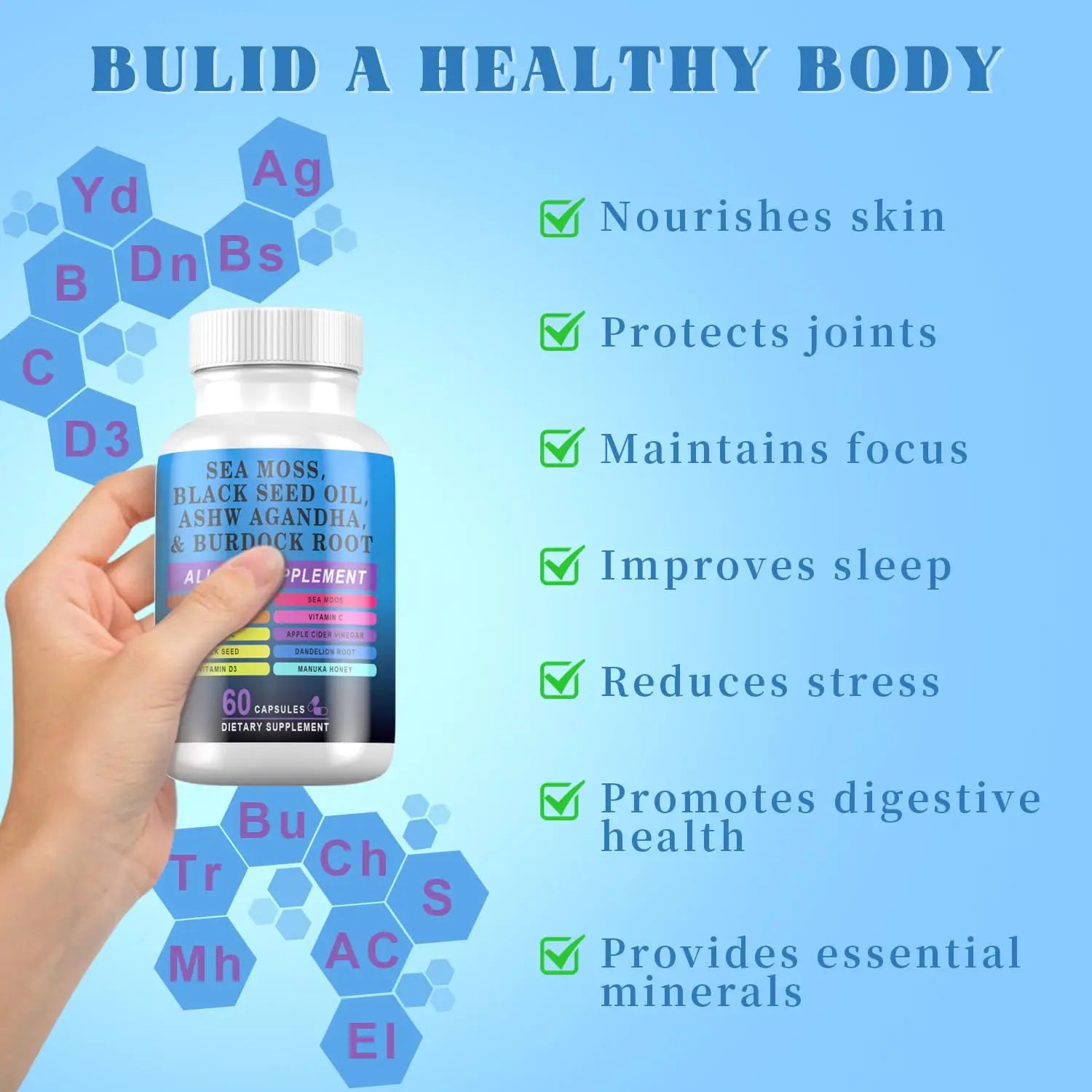 Pyzor Sea Moss Black Seed Oil Ashwagandha Turmeric Bladderwrack Burdock, Elderberry Manuka Dandelion, Burdock Root Turmeric Vitamin D3 Chlorophyll - 60 Capsules Pyzor Au supplements