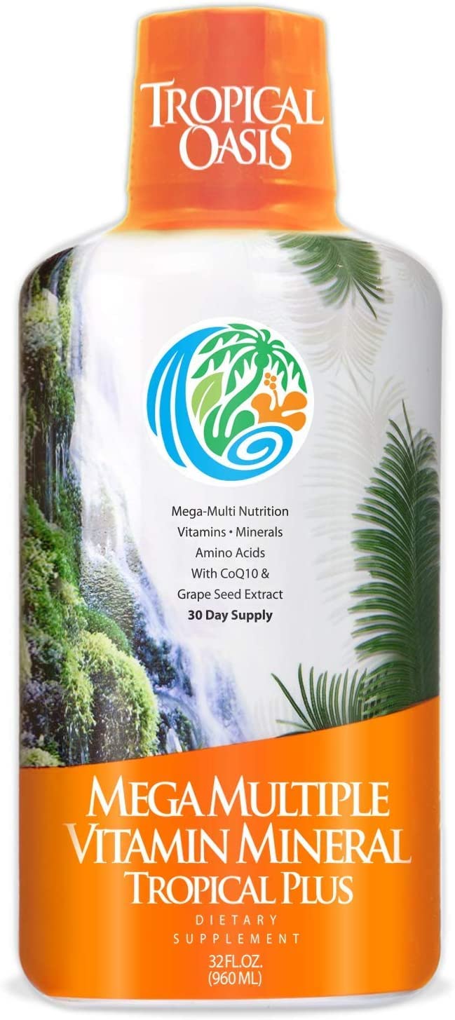 Tropical Oasis Mega Plus - Liquid Multivitamin and Mineral Supplement – Includes 85 Vitamins & Minerals, 20 Amino Acids + CoQ10, Grape Seed Extract & Organic Aloe Vera - 32oz, 32 Servings, 33460 Tropical Oasis Au supplements