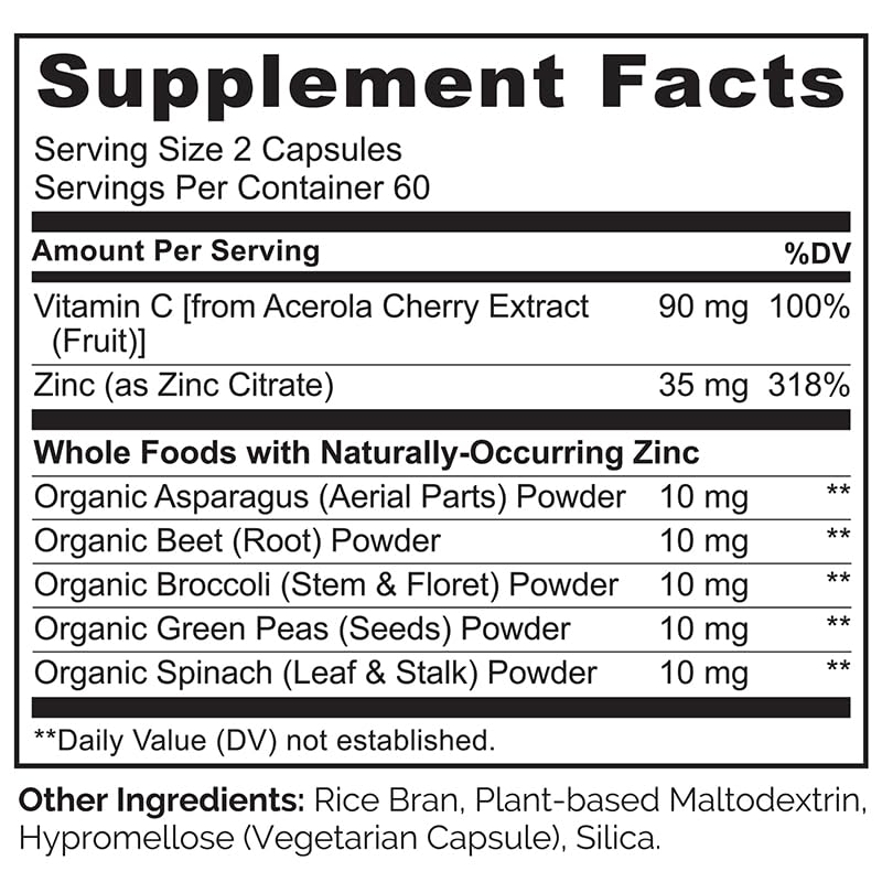 NATURELO Vegan Zinc Immune Support Capsules - Whole Food Complex with Vitamin C for Healthy Skin, Hair, and Nails - 120 Capsules NATURELO Au supplements
