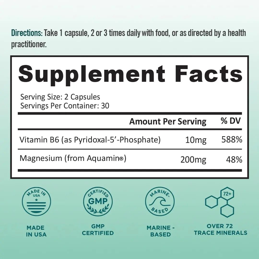 Ocean Magnesium 200mg Aquamin | More Soluble Than Magnesium Glycinate | Whole Food Mag B6 Supplement for Women | Gentle on Stomach & Vegan | Sleep Support, Calms Nerves & Leg Cramps | 60 Ct BB Company Au supplements
