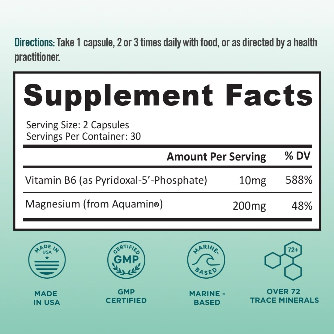 Ocean Magnesium 200mg Aquamin | More Soluble Than Magnesium Glycinate | Whole Food Mag B6 Supplement for Women | Gentle on Stomach & Vegan | Sleep Support, Calms Nerves & Leg Cramps | 60 Ct BB Company Au supplements