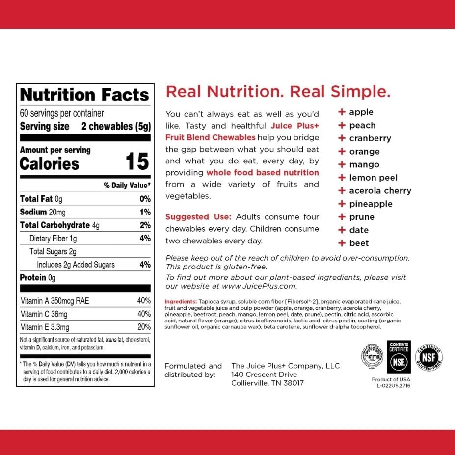 Juice Plus+ Fruit, Vegetable & Berry Blend Soft Chews (Chewables) - 30 Plant-Based Ingredients! Vegan Gummies for Kids & Adults - Gluten-Free, Non-GMO, No HFCS - Prepacked 3 Pouches (30 Chews Each) Juice Plus+ Au supplements