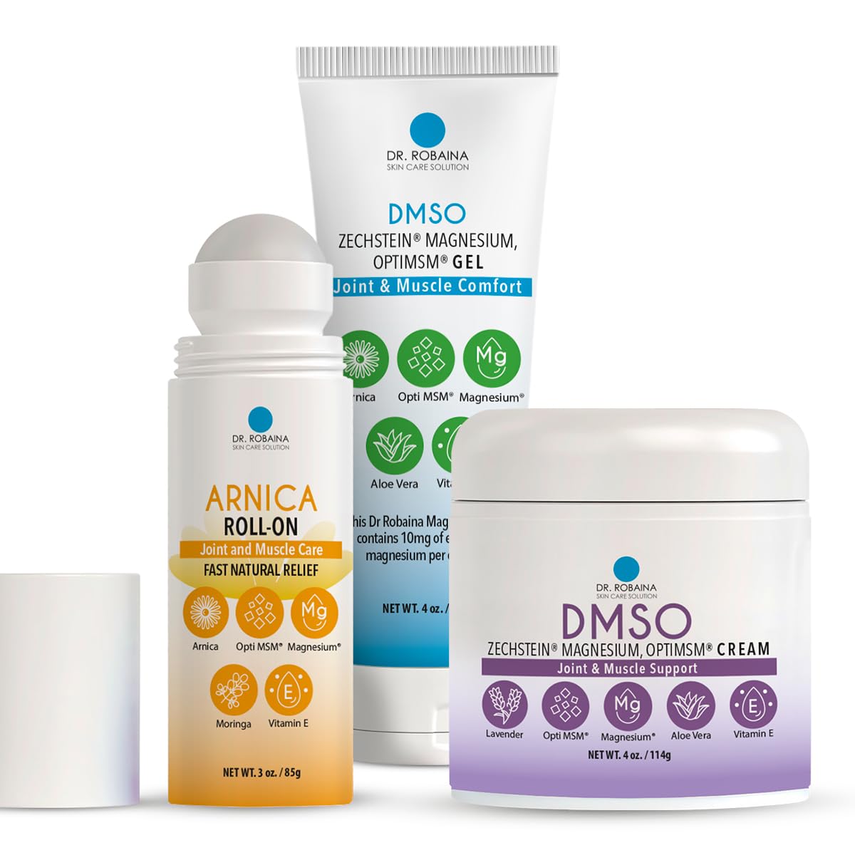 Arnica & DMSO Gel Recovery Bundle – 99.9% Pure Pharmaceutical Grade DMSO & Arnica Roll-On | Lavender Cream & Fast-Absorbing Gel | Hydrating & Non-Greasy | Made in USA Dr. Robaina Au supplements