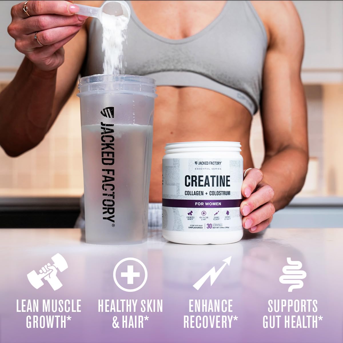 Jacked Factory Creatine for Women - Creatine Monohydrate with Collagen + Colostrum to Support Workout Performance, Lean Muscle Growth, Healthy Hair, Skin, & Nails - 30 Servings, Unflavored Jacked Factory Au supplements