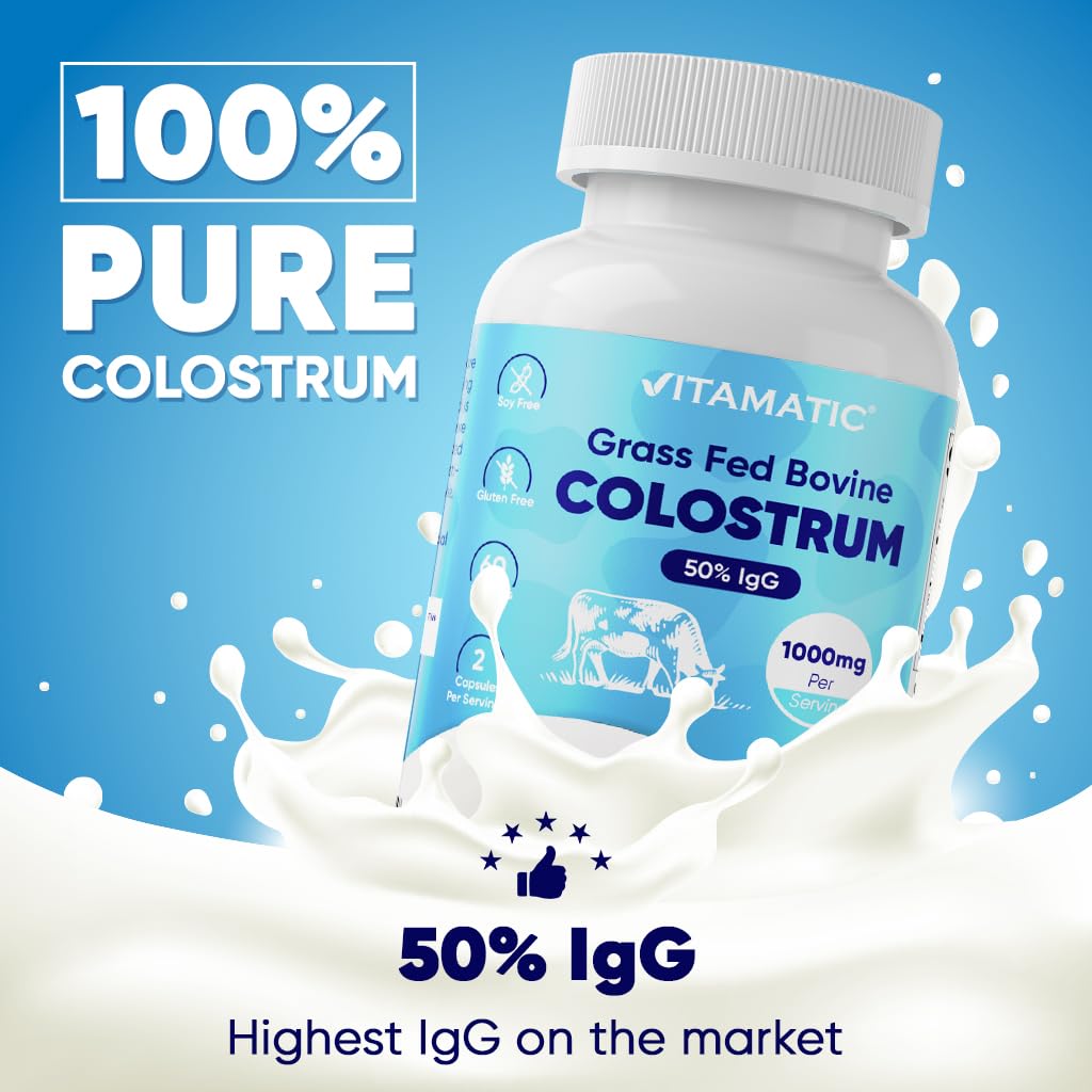 Vitamatic Bovine Colostrum Supplement 1000 mg per Serving - 50% Highest IgG - Supplement for Gut Health, Hair Growth, Beauty, Muscle Recovery, & Immune Support - 120 Capsules - 2 Pack Vitamatic Au supplements