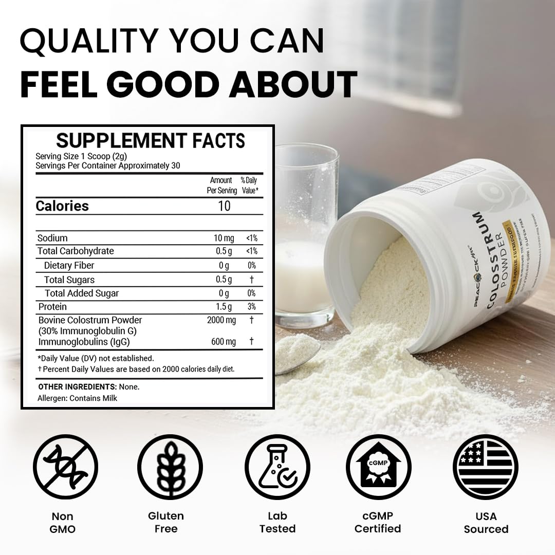 Peacock Max Colostrum Powder – 60g (30 Servings), Unflavored Bovine Colostrum Supplement, Superfood for Hair, Skin & Gut Health, Gluten-Free, Non-GMO Peacock Max Au supplements