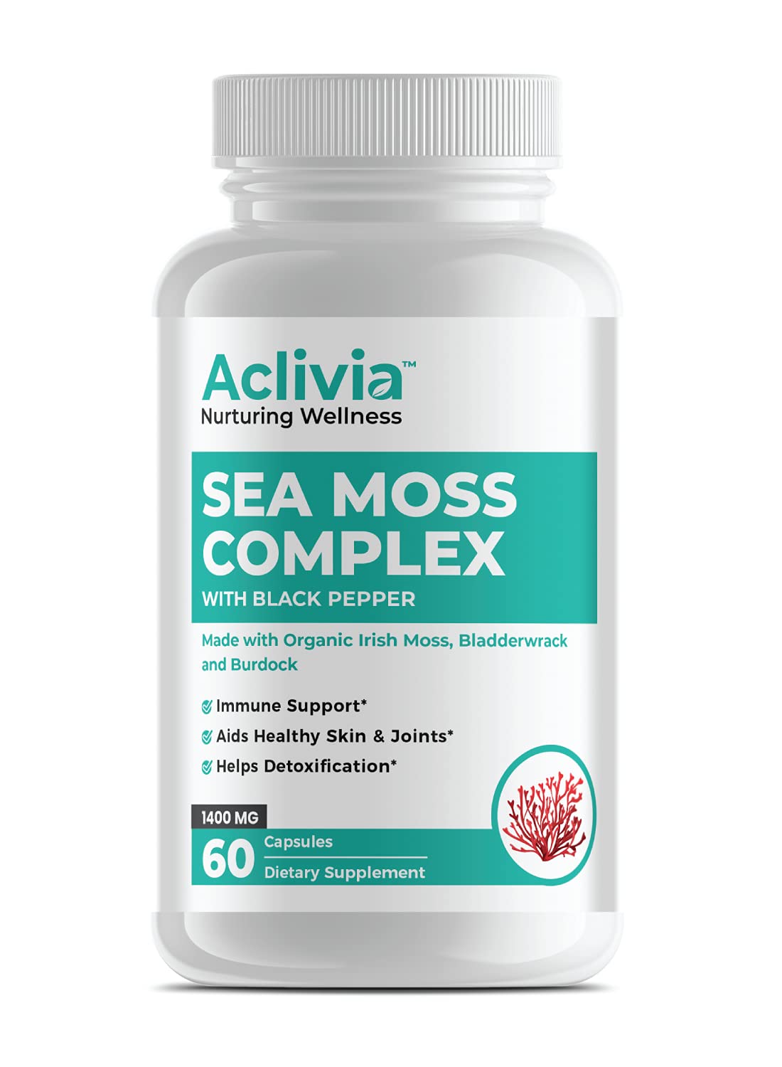 Aclivia - Organic Irish Sea Moss Capsules with Bladderwrack & Burdock Root - 102 Minerals Sea Moss Supplement - Thyroid Support, Immune Boost - Non-GMO (60 Count) Aclivia Au supplements