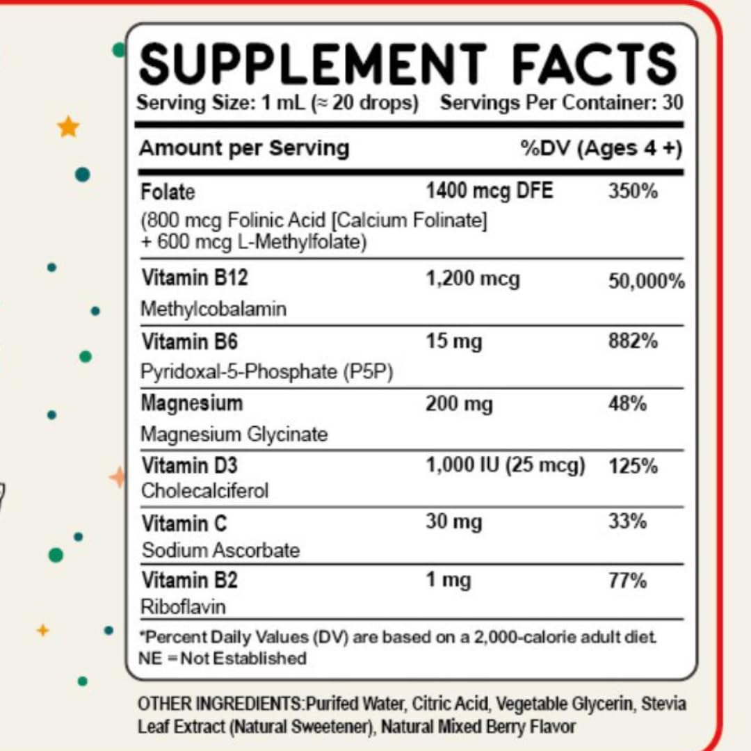 Folinic Acid Drops Kids 800 mcg + L-Methylfolate + B12 +P5P B6 Gentle Methylation Great Taste, Magnesium Glycinate, Vitamin D3 & C Folate Support for Brain,Focus, Mood & Cellular Health 5-MTHF Drops True reflectionz Au supplements