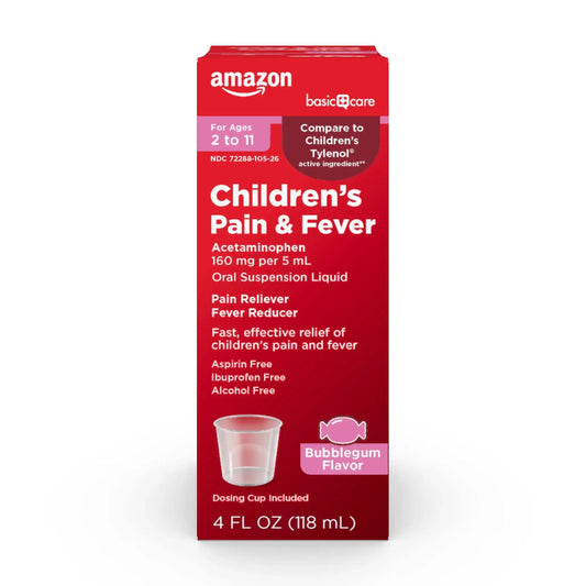 Amazon Basic Care Children's Pain Reliever and Fever Reducer, Acetaminophen 160 mg per 5 ml, Bubblegum Flavor, for Headache and Sore Throat, Ages 2-11 Years, 4 fl oz Amazon Basic CareAu supplements