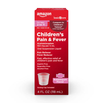 Amazon Basic Care Children's Pain Reliever and Fever Reducer, Acetaminophen 160 mg per 5 ml, Bubblegum Flavor, for Headache and Sore Throat, Ages 2-11 Years, 4 fl oz Amazon Basic Care Au supplements