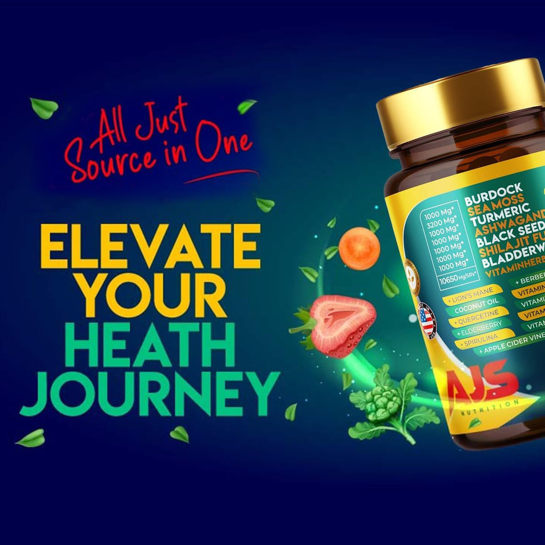 AJS Sea Moss Capsules 3200mg, Himalayan Shilajit 1000mg with Black Seed Oil, Ashwagandha, Turmeric, Bladderwrack, Burdock, Vitamins, Berberine, Lion’s Mane Mushroom, Elderberry- 90 Caps AJS Nutrition Au supplements