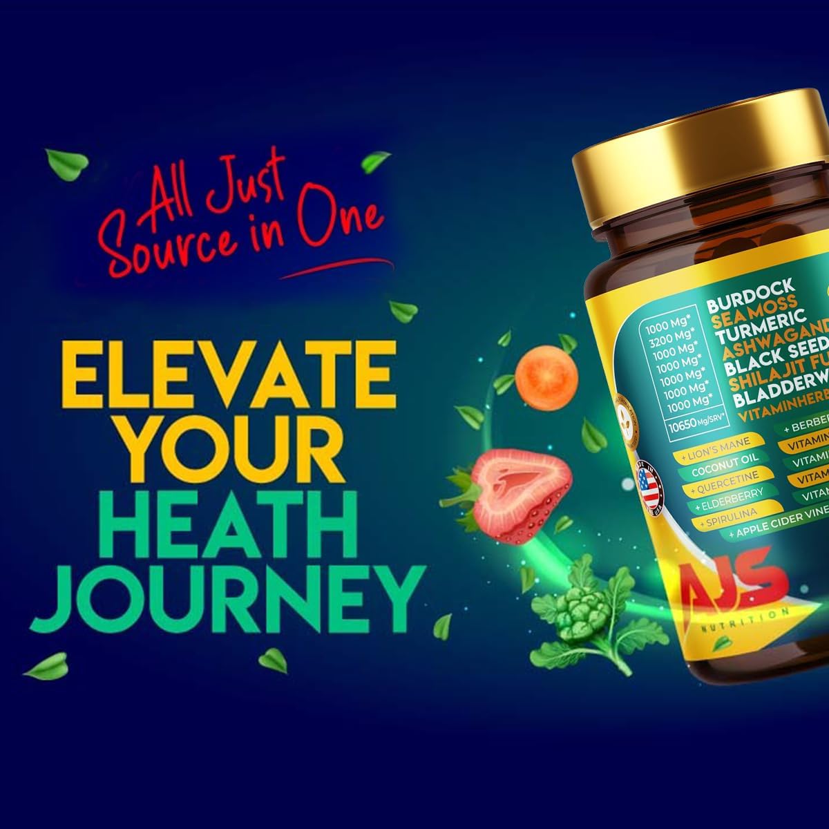 AJS Sea Moss Capsules 3200mg, Himalayan Shilajit 1000mg with Black Seed Oil, Ashwagandha, Turmeric, Bladderwrack, Burdock, Vitamins, Berberine, Lion’s Mane Mushroom, Elderberry- 90 Caps AJS Nutrition Au supplements