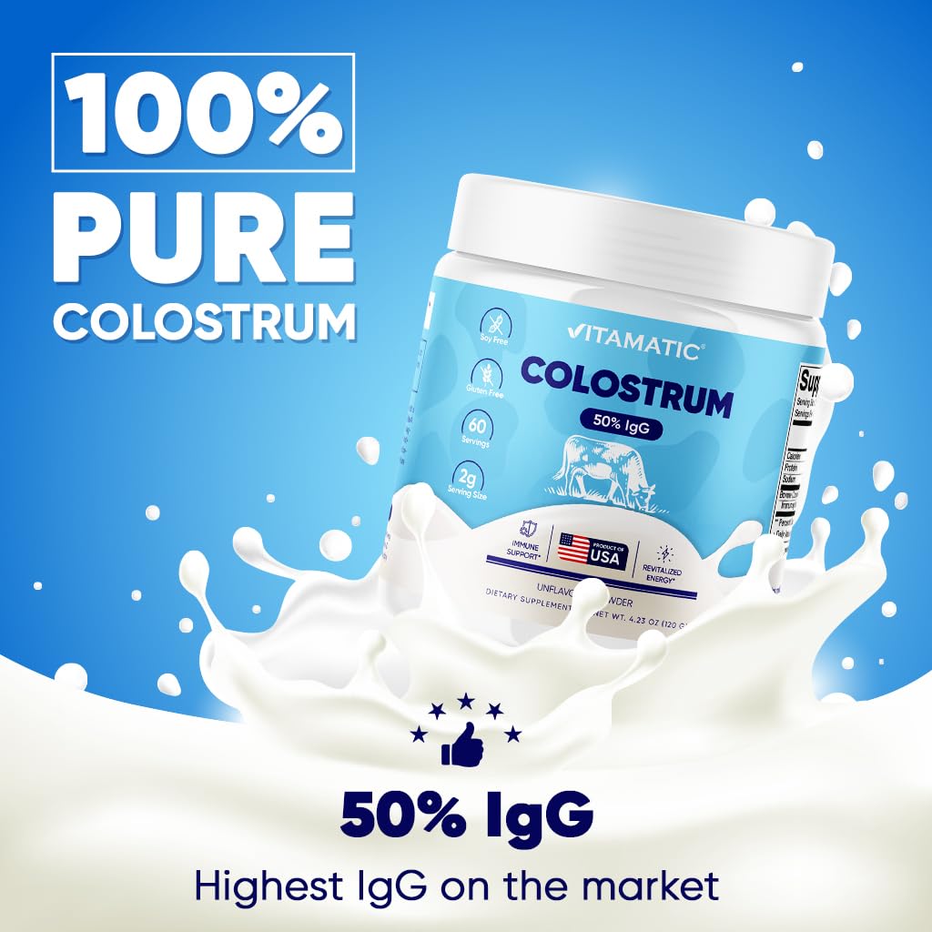 Vitamatic Bovine Colostrum Powder - 50% Highest IgG -120 Gram - Supplement for Gut Health, Hair Growth, Beauty, Muscle Recovery, & Immune Support - Easy to Mix - Unflavored - 60 Servings Vitamatic Au supplements