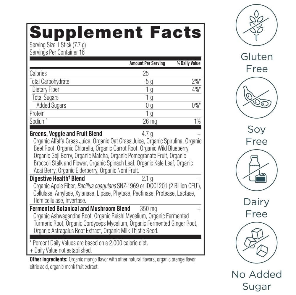 Ancient Nutrition SuperGreens Powder with Probiotics, Organic Mango Flavor Greens, Made from Real Fruits, Vegetables and Herbs, Digestive and Energy Support, 16 Stick Packs, 4.3oz Ancient Nutrition Au supplements