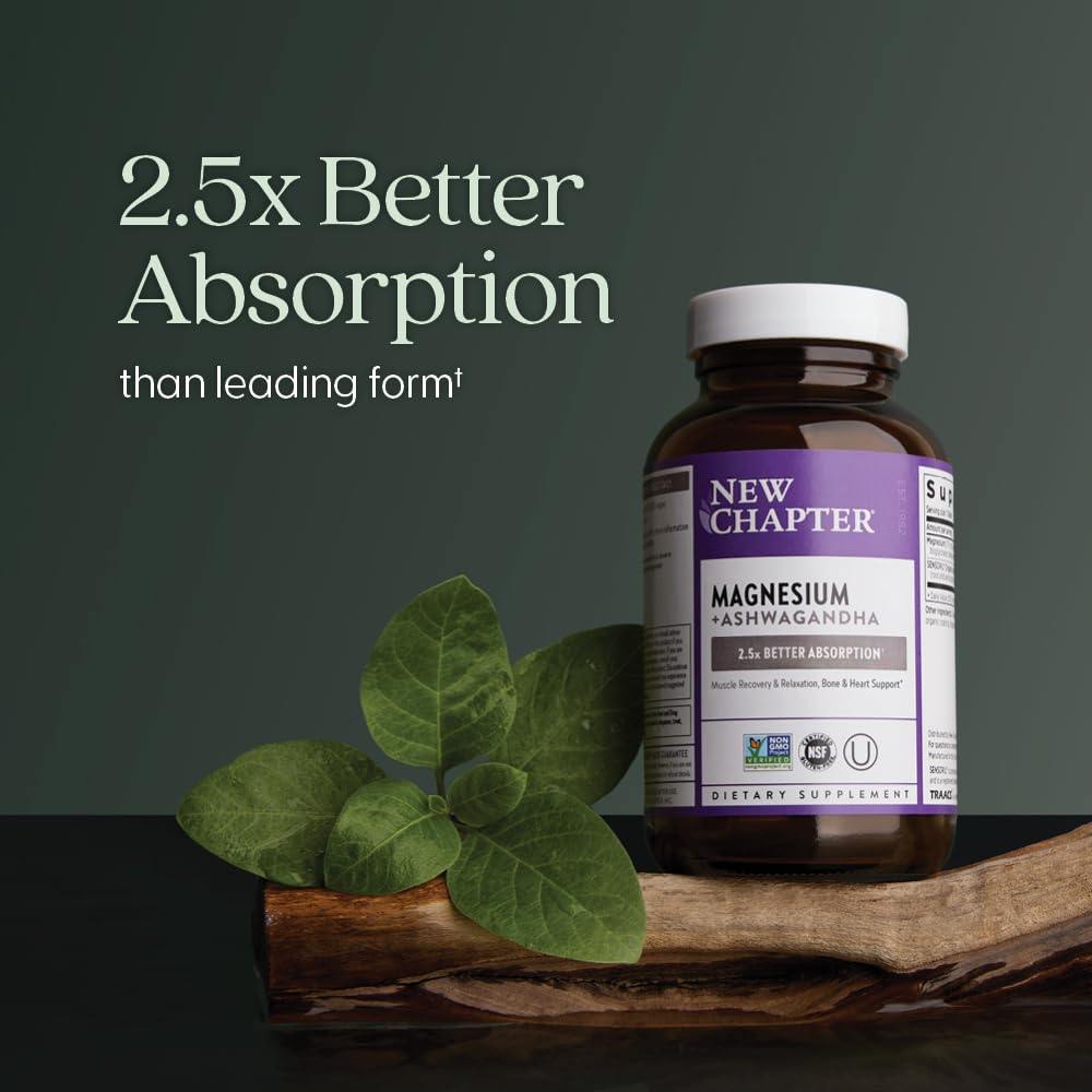 New Chapter Magnesium + Ashwagandha Supplement, 325 mg with Magnesium Glycinate for Muscle Relaxation & Recovery, Heart, Nerve & Bone Health, 2.5X Absorption, Non-GMO - 60 ct (2 Month Supply) New Chapter Au supplements