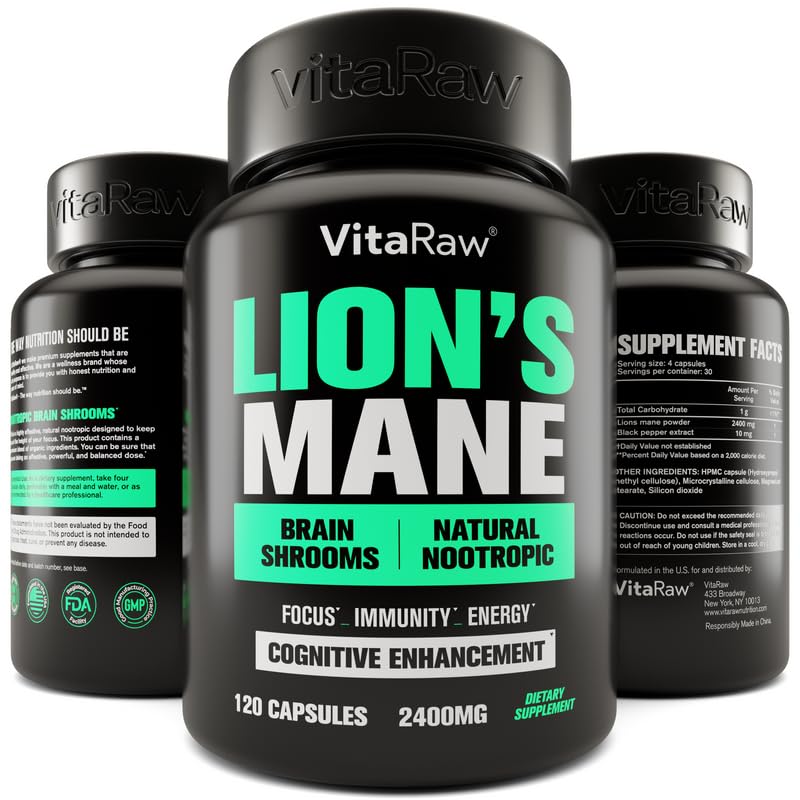Organic Lions Mane Supplement Capsules 2400 mg - Powerful Nootropic - Helps Maintain VitaRaw Au supplements