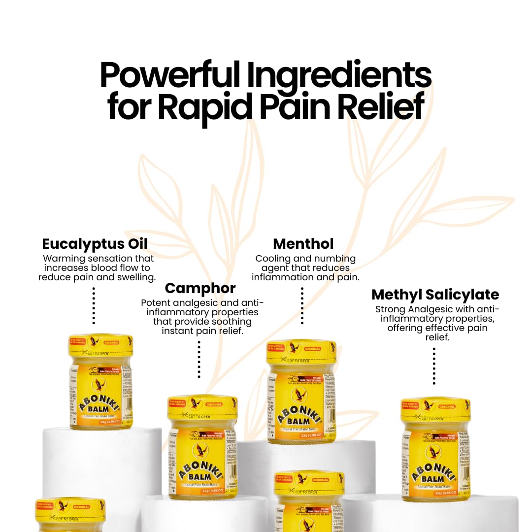 Aboniki Balm (6 Plastic Jars) – Powerful Topical Pain Relief Balm for Sore Muscles and Joints | Anti Inflammatory Analgesic Rub with Cooling Menthol for Back, Knee, Neck, Shoulder, Wrist & Body Ache Aboniki Au supplements
