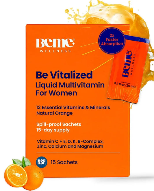 BeMe Liquid Multivitamins for Women - Advanced Liquid Delivery System with 13 Vitamins & Minerals - Tear & Go Sachets, Non-GMO, Orange Flavor (15 Sachets) BeMeAU supplements