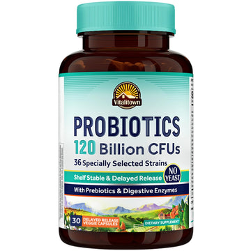VITALITOWN Probiotics 120 Billion CFUs | 36 Strains, with Prebiotics & Digestive Enzymes for Men Women | Shelf Stable | Digestive Health & Immune Support | Vegan, Non-GMO | 30 Delayed Release Veg Caps Vitalitown Au supplements