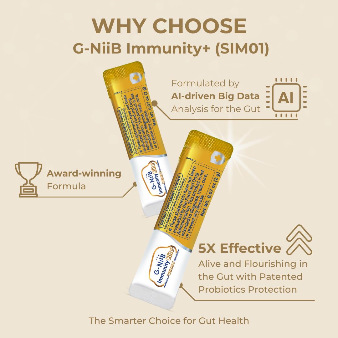 G-NiiB Immunity Elite (SIM01 Synbiotic Formula) - Potent Live probiotics and Added prebiotics to Support Immunity, Regularity, Sleep, Mood, and Skin - 5X More Effective in Reaching the Gut Alive G-NiiB Au supplements