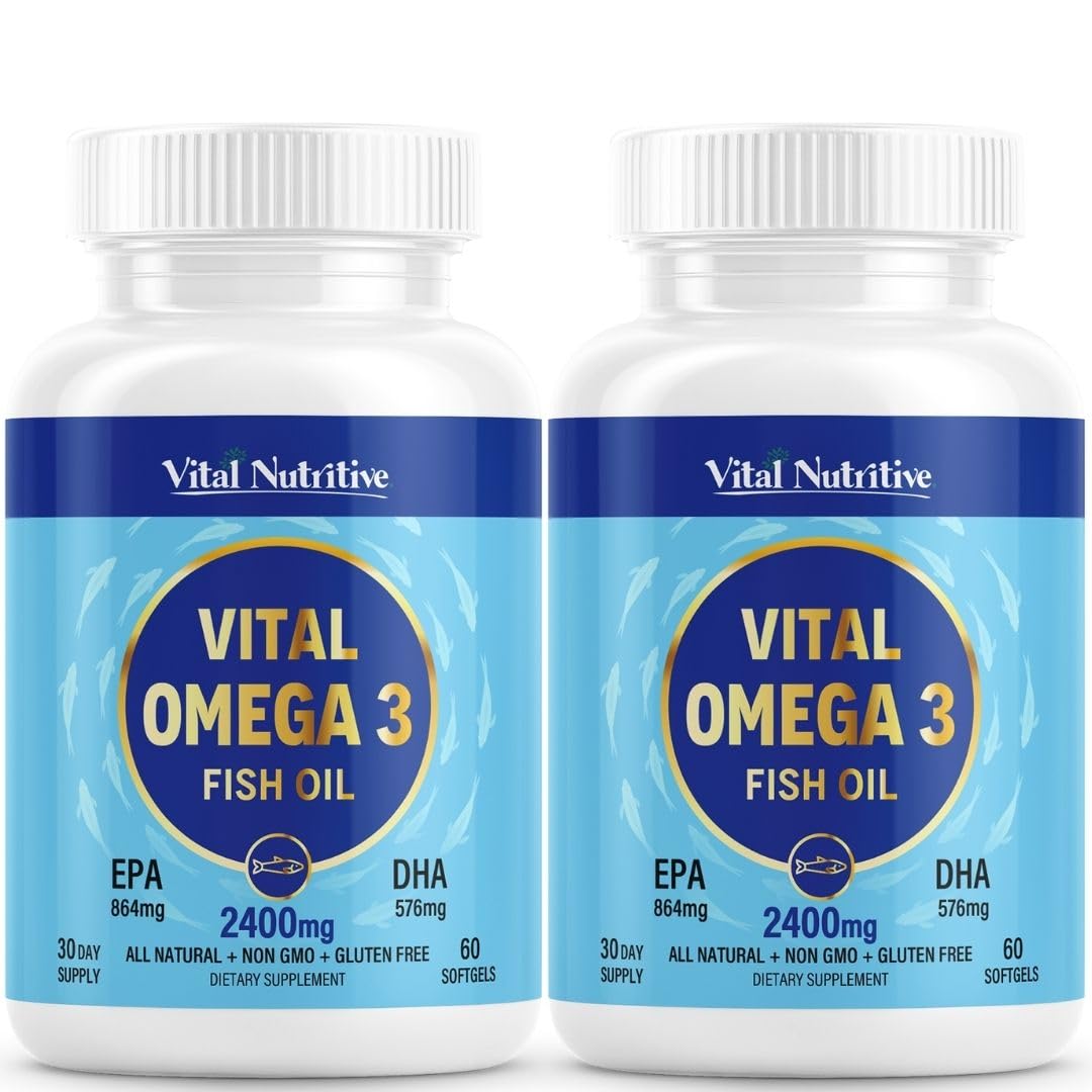 Vital Omega 3 Fish Oil Supplements 2400mg | 864mg EPA & 576mg DHA | 1440mg Total Omega-3 Fatty Acids | Promotes Brain & Heart Health | Non-GMO, Gluten-Free, Sugar-Free | Lemon | 60 Day Servings VITAL NUTRITIVE Au supplements