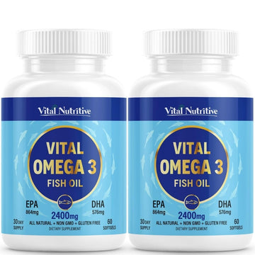 Vital Omega 3 Fish Oil Supplements 2400mg | 864mg EPA & 576mg DHA | 1440mg Total Omega-3 Fatty Acids | Promotes Brain & Heart Health | Non-GMO, Gluten-Free, Sugar-Free | Lemon | 60 Day Servings VITAL NUTRITIVE Au supplements