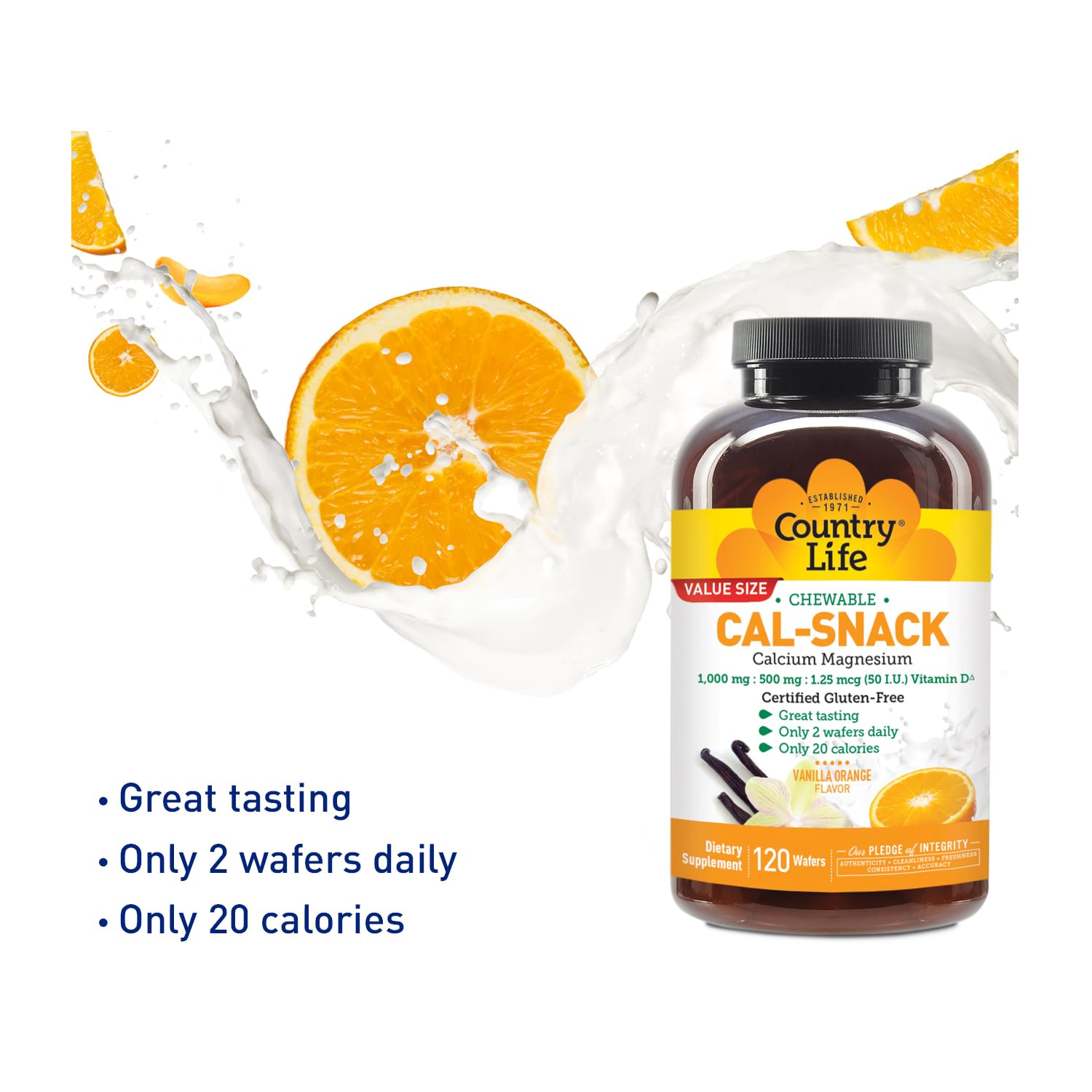 Country Life Cal-Snack - Chewable Calcium Magnesium Supplement wafers with Vitamin D3, Easy to Digest, Vanilla Orange Flavor, Dietary Supplement Country Life Au supplements