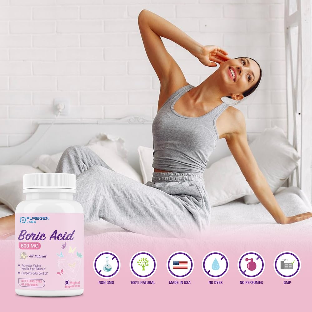 Puregen Labs Boric Acid 600 mg Vaginal Suppositories - 100% Pure | All Natural Without Dyes or Fillers P Puregen Labs Au supplements