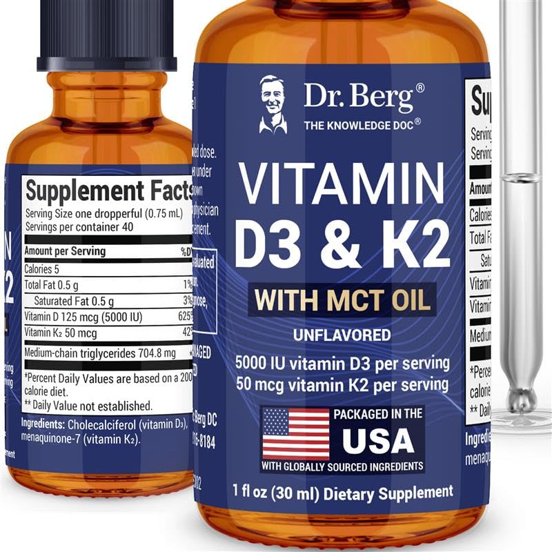 Dr. Berg Maximum Strength Vitamin D3 K2 Liquid Drops with MCT Oil – 5,000 IU Liquid Vitamin D3 with K2 – Supports Strong Bones, Heart, Energy, Immunity, and Overall Vitality* - Unflavored 1 Fl Oz Dr. Berg Nutritionals Au supplements