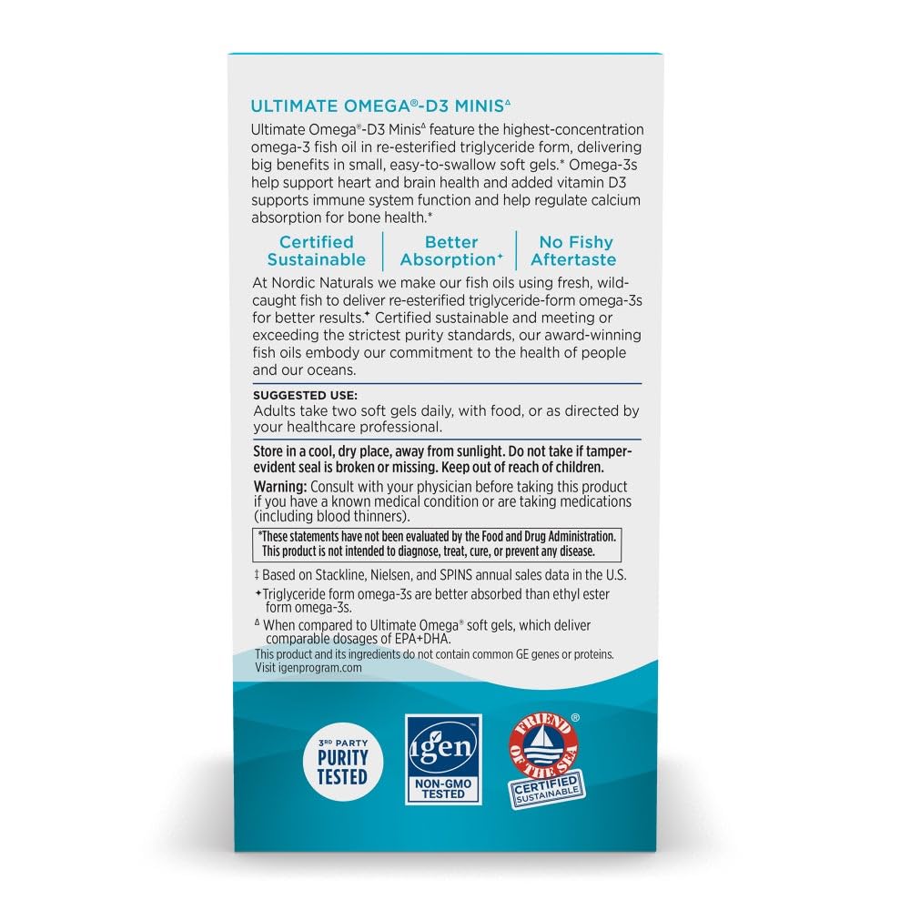 Nordic Naturals Ultimate Omega Mini D3, Lemon Flavor - 60 Mini Soft Gels - 1120 mg Omega-3 + 1000 IU Vitamin D3 - EPA & DHA - Promotes Brain & Heart Health - 30 Servings Nordic Naturals Au supplements
