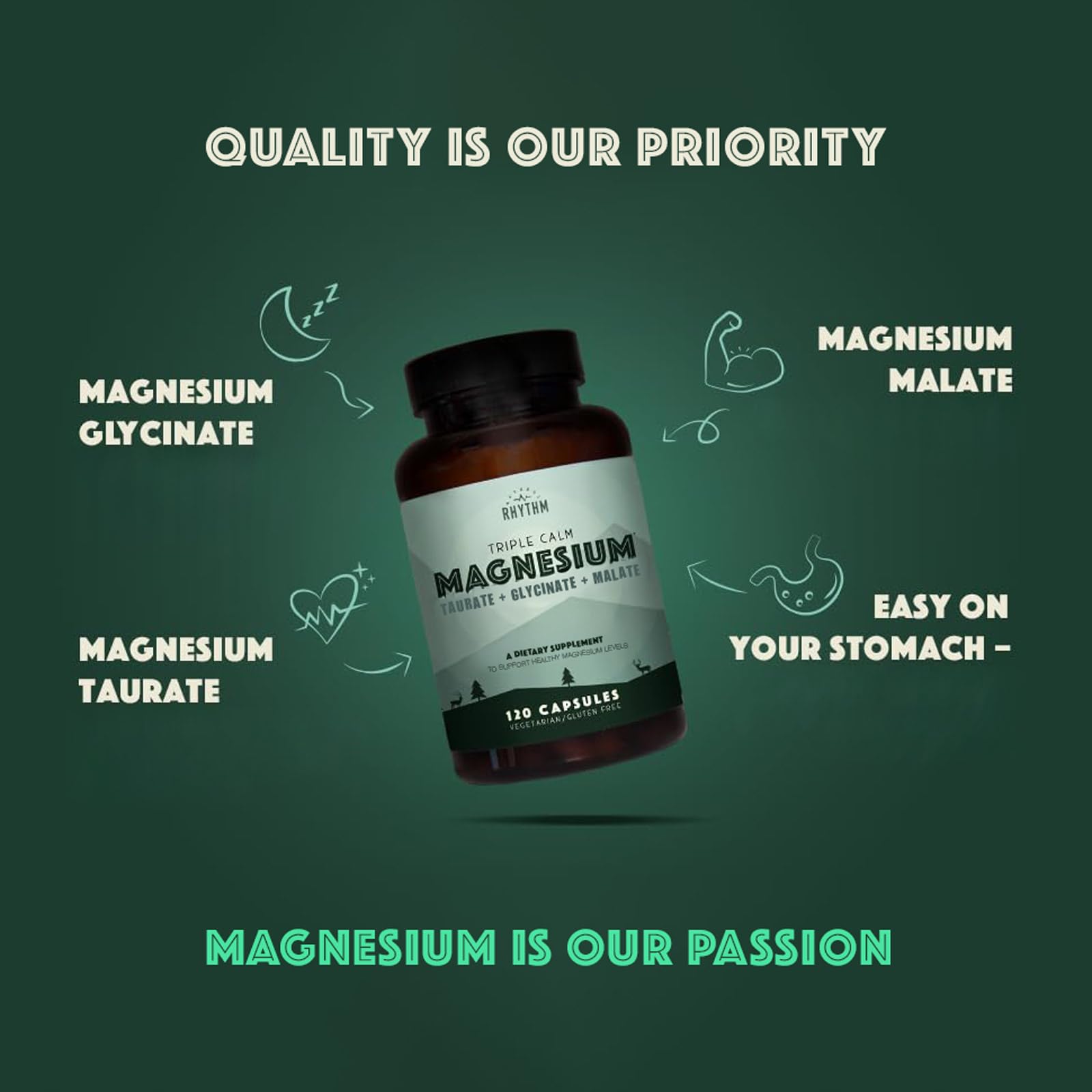 Natural Rhythm Triple Calm Magnesium Complex - 120 Capsules, Chelated Magnesium Glycinate, Taurate & Malate, High Absorption Supplement for Sleep, Stress, Muscle & Heart Support, Non-GMO, Vegan Natural Rhythm Au supplements