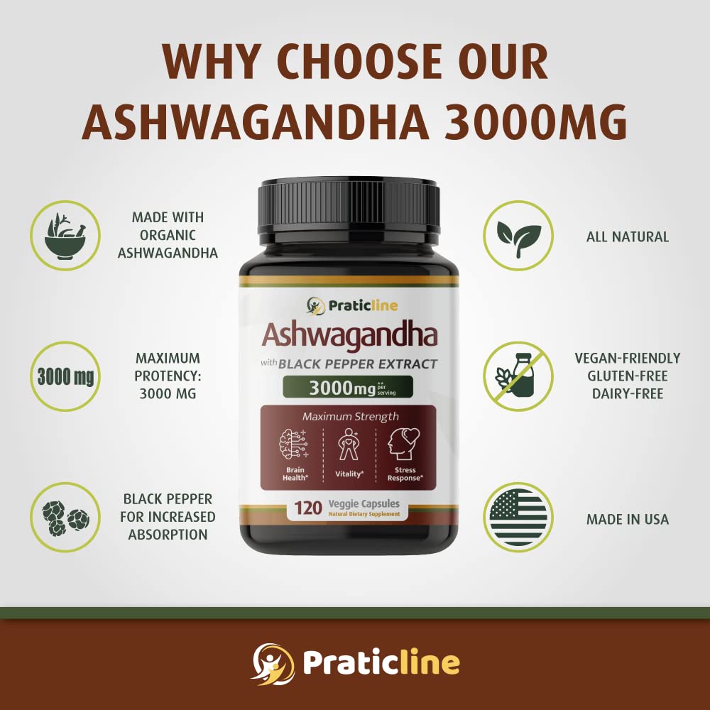 PRATIC LINE Ashwagandha Capsules 3,000 mg - 120 Vegan Cap Made with Organic PRATIC LINE Au supplements