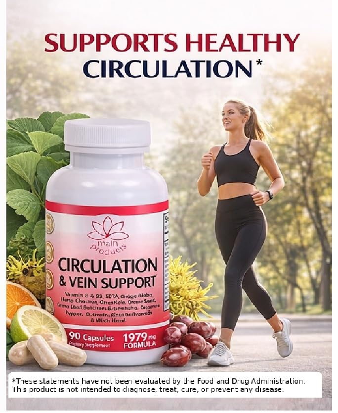 Circulation & Vein Support Supplement - Vitamins E & B3, Ginkgo Biloba, Horse Chestnut, Gotu Kola, Grape Seed, Butcher's Broom & Citrus Bioflavonoids - 1979 mg Formula - 90 Capsules - 30 Days Supply. Main Products Au supplements