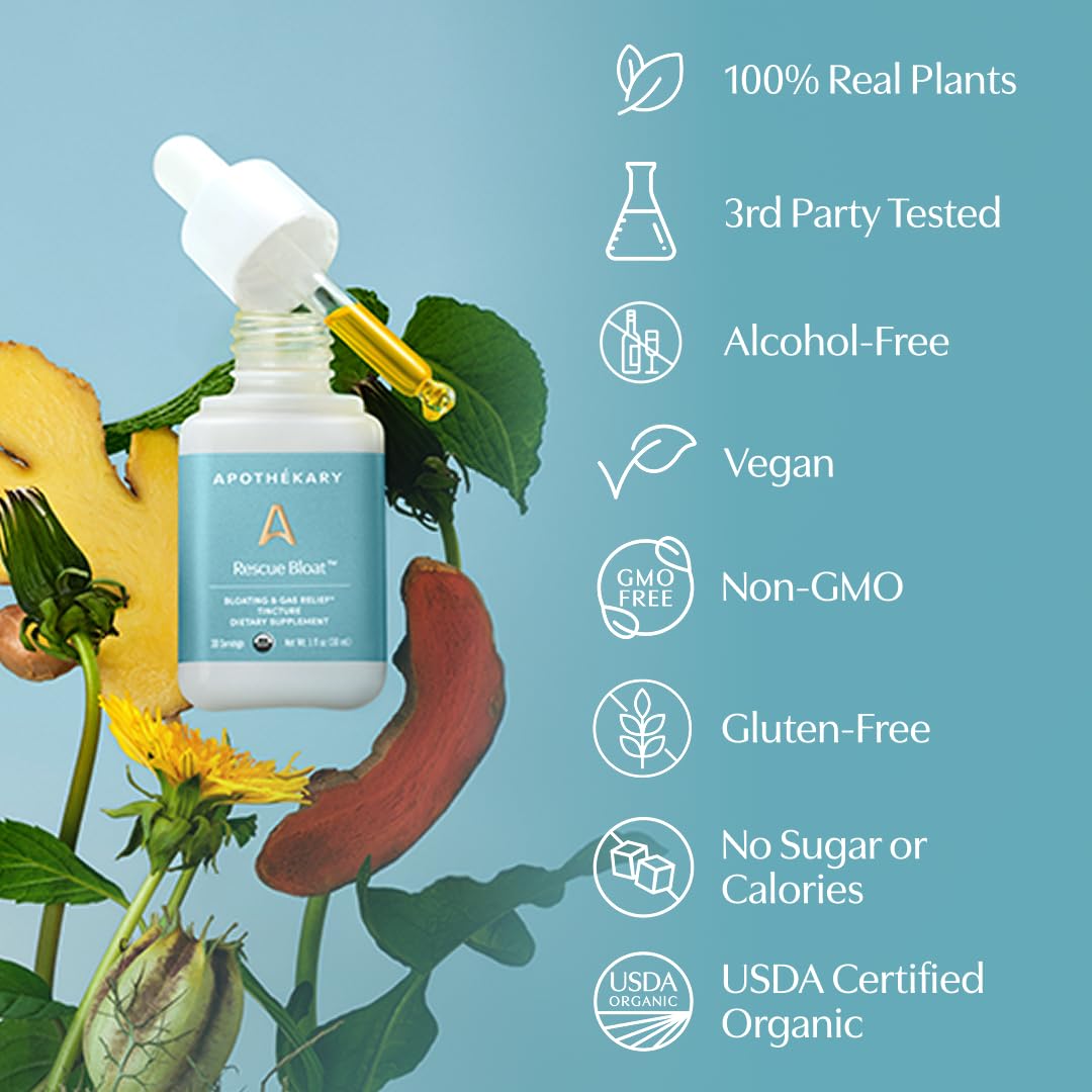 Apothékary Rescue Bloat, Fast-Acting Digestive Drops for Occasional Gas and Bloat Relief, Herbal Liquid Drops with Peppermint, Lemon Balm, Dandelion, Ginger, Turmeric, Made in USA, 1 fl oz 30 Servings Apothékary Au supplements
